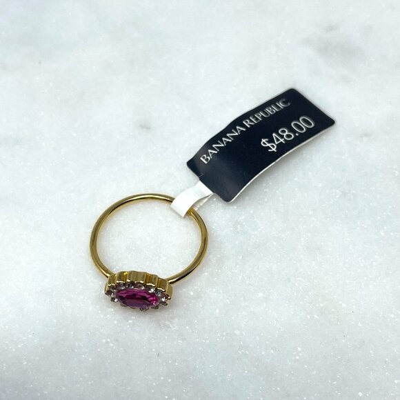 Banana Republic NWT Purple Pink Gemstone Faux Diamond Floral Gold Ring, Size 5 - Picture 7 of 7